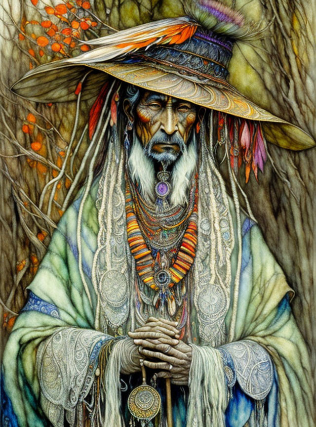 Illustrated portrait of man with feathered headdress and jewelry in nature setting