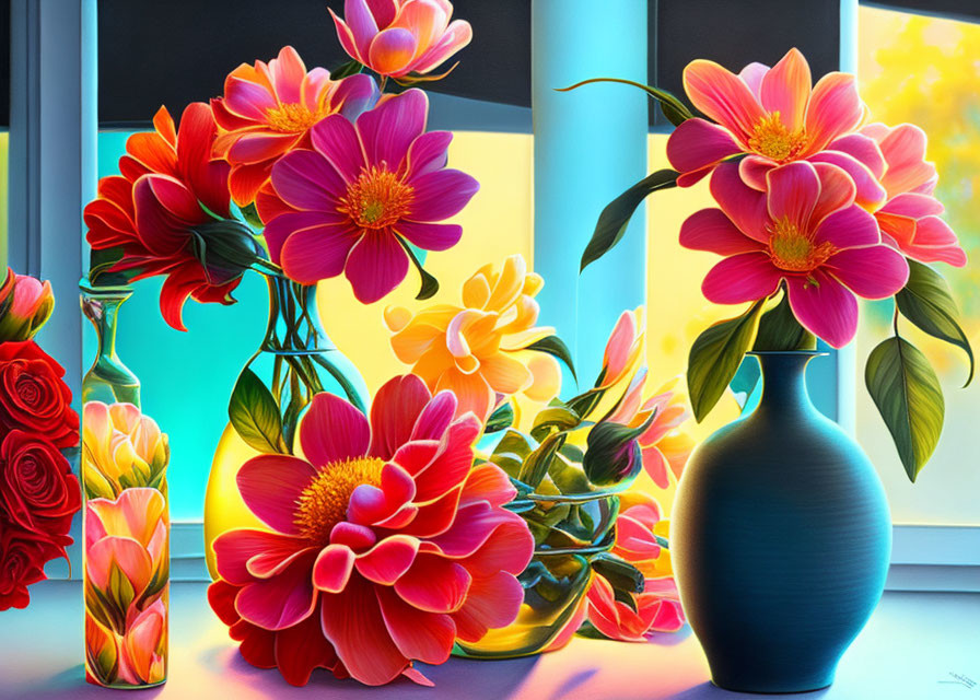 Colorful flowers in vases by window with surreal lighting on blue sky background