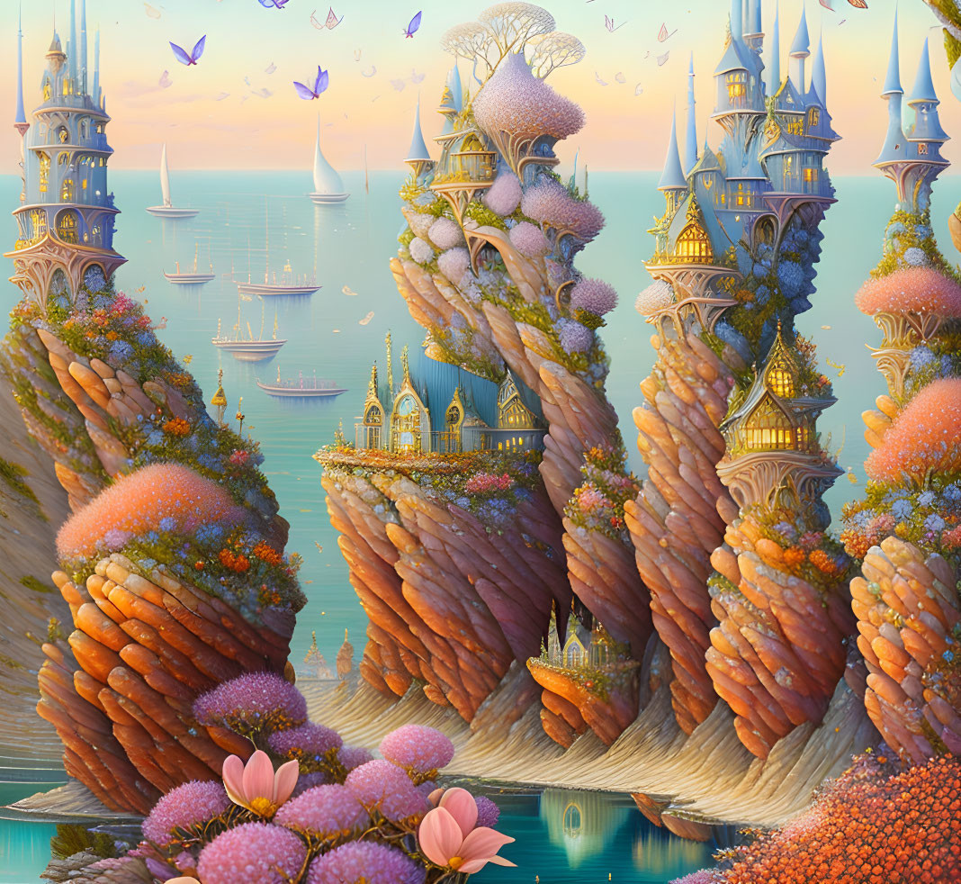 Fantastical landscape with rock formations, castles, flora, ocean, ships, butterflies