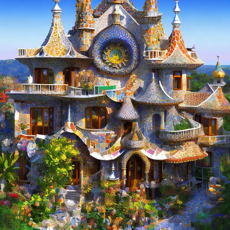 Whimsical castle with mosaic-tiled towers in lush greenery