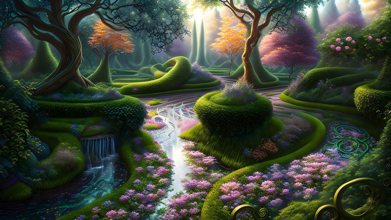 Vibrant magical forest with whimsical trees and colorful flora