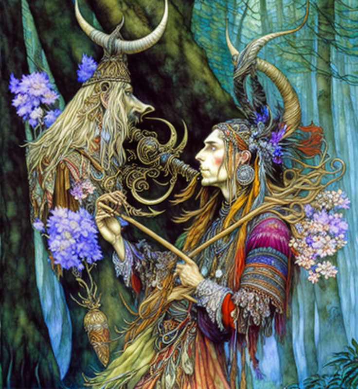 Illustration: Mystical creature with horns playing flute meets bearded entity in forested setting