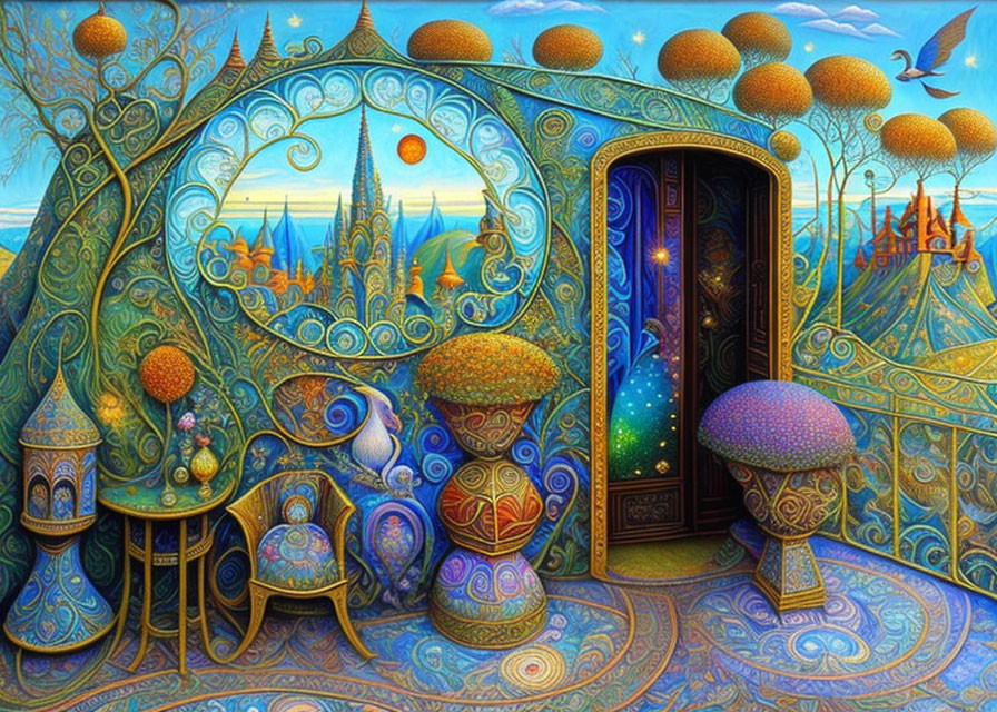 Surreal artwork of mystical room with golden tree-like structures