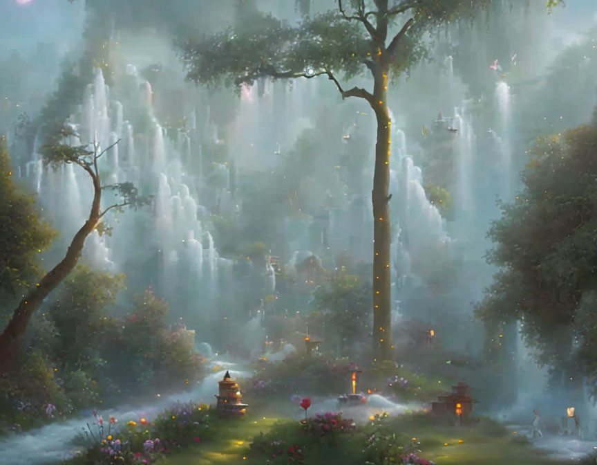 Mystical forest glade with large tree, waterfalls, lanterns, and flowers in soft