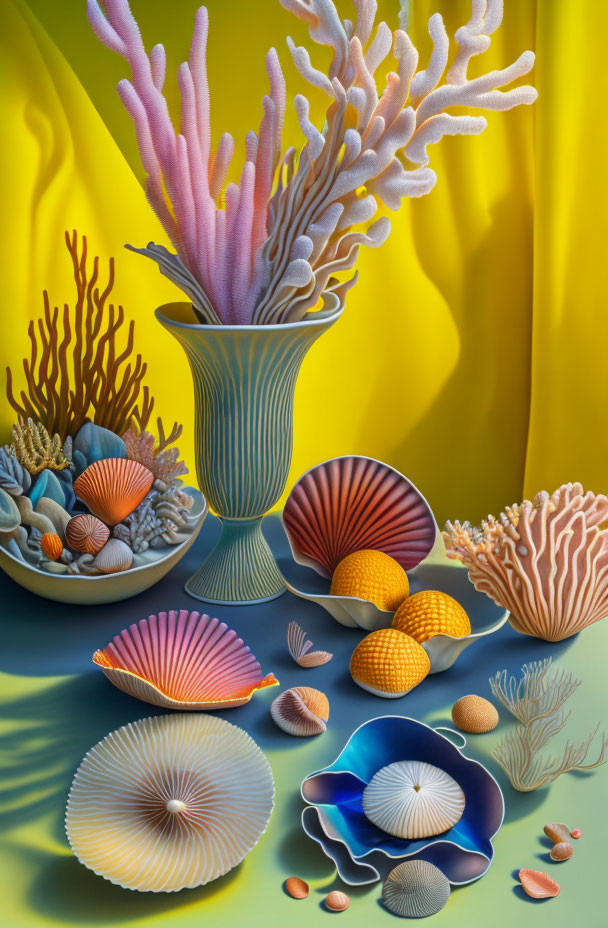 Vibrant still life with coral pieces, shells, and vase on yellow backdrop