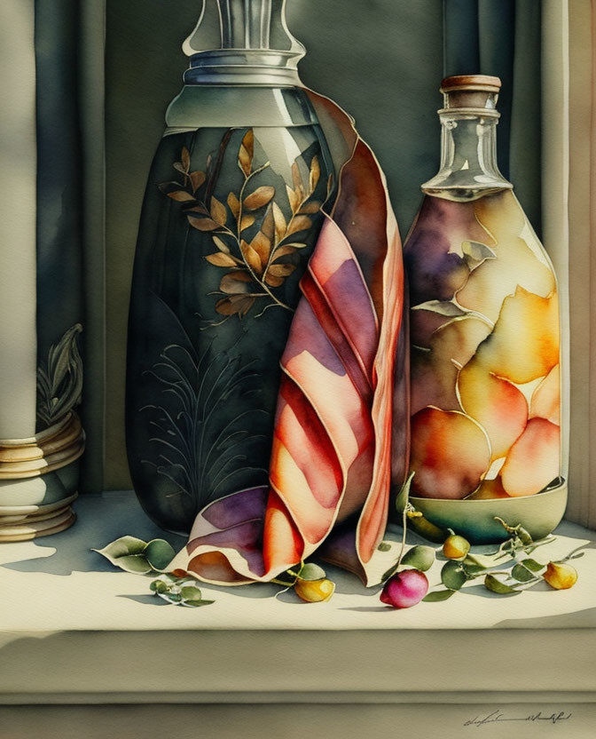 Leaf-Patterned Vase and Berries Still Life Painting