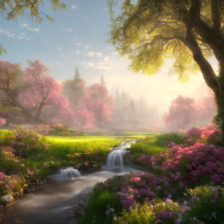 Tranquil landscape with blooming pink trees and gentle stream