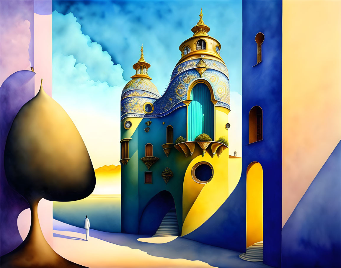 Colorful Surreal Castle Painting with Ornate Towers and Abstract Shapes