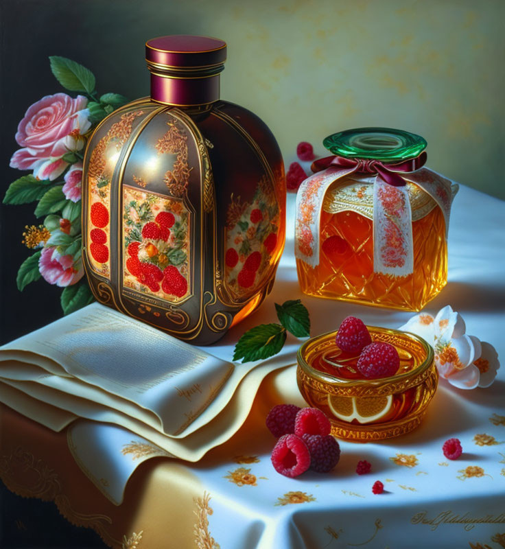 Dark glass bottle, honey pot, raspberries, pink roses in still-life painting