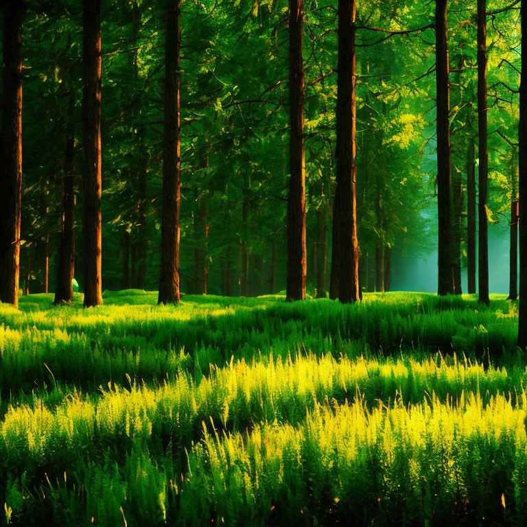 Lush forest with tall trees and sunlit green grass