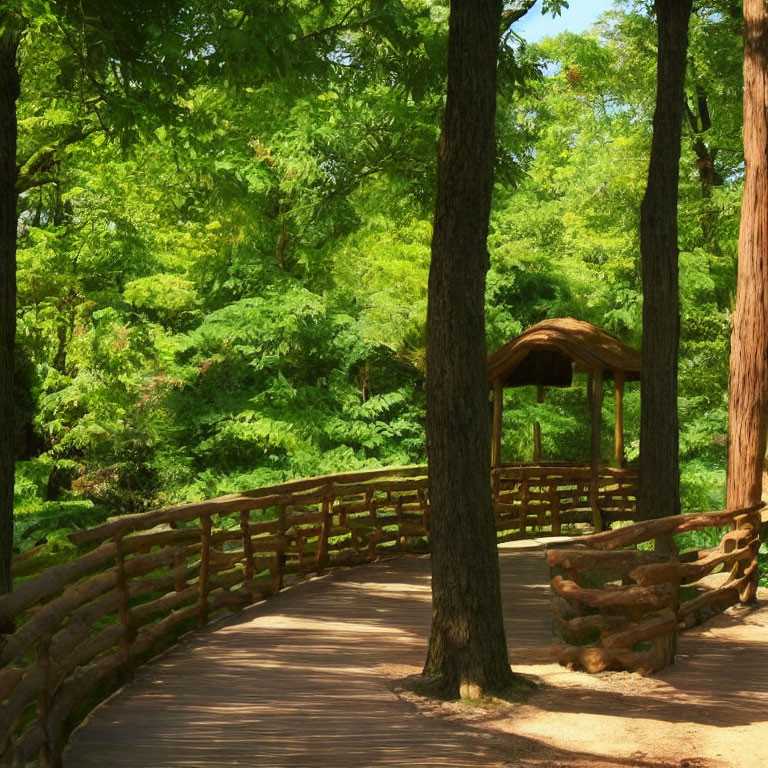 Tranquil park pathway with lush green foliage and gazebo among tall trees