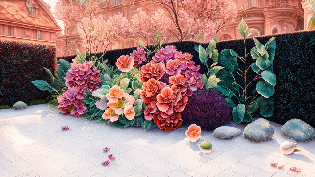 Lush Pink and Red Flower Garden with Manicured Hedges