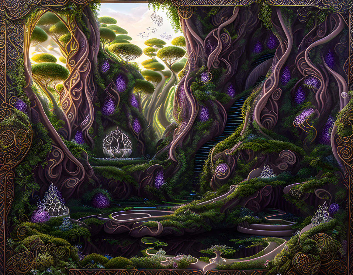 Mystical fantasy forest with towering trees and purple orbs