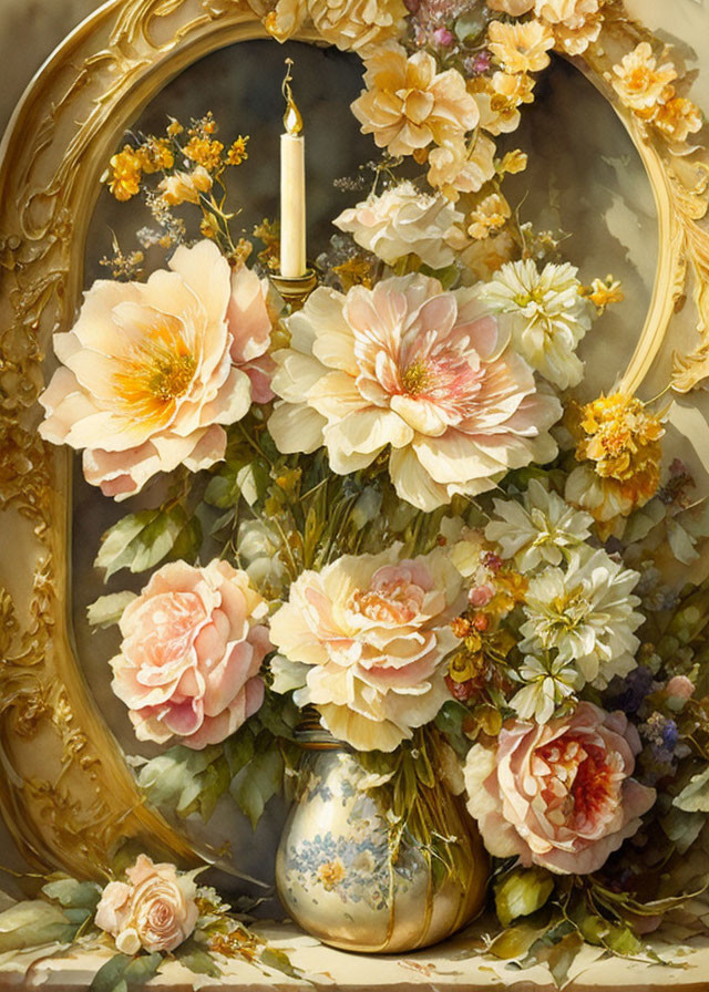 Still life painting: Peonies in vase, golden mirror reflection, candle on top