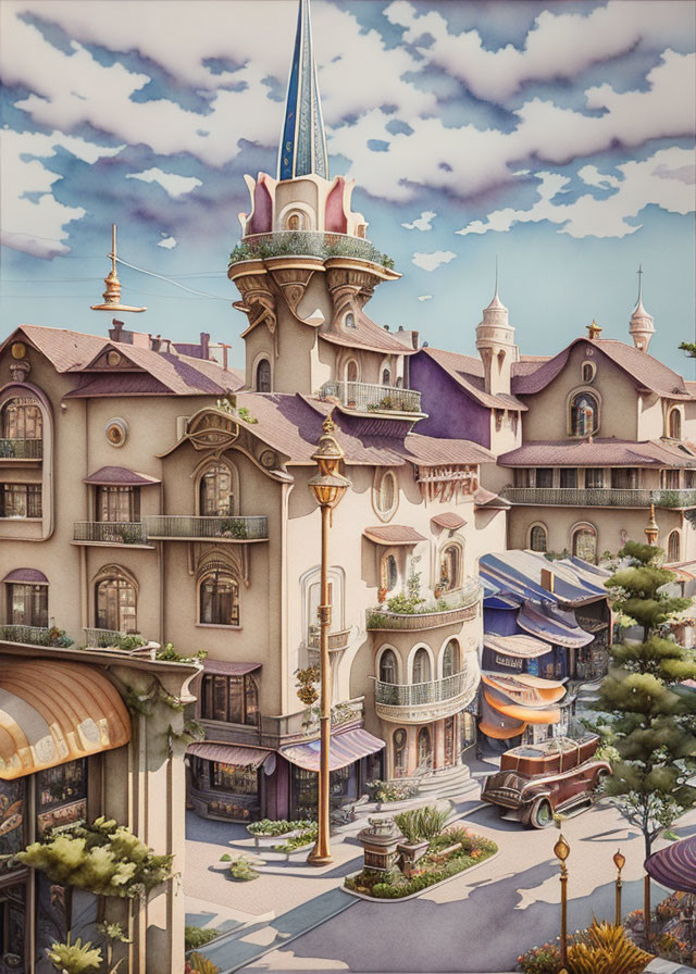 Pastel fairytale town illustration with ornate towers and lush greenery