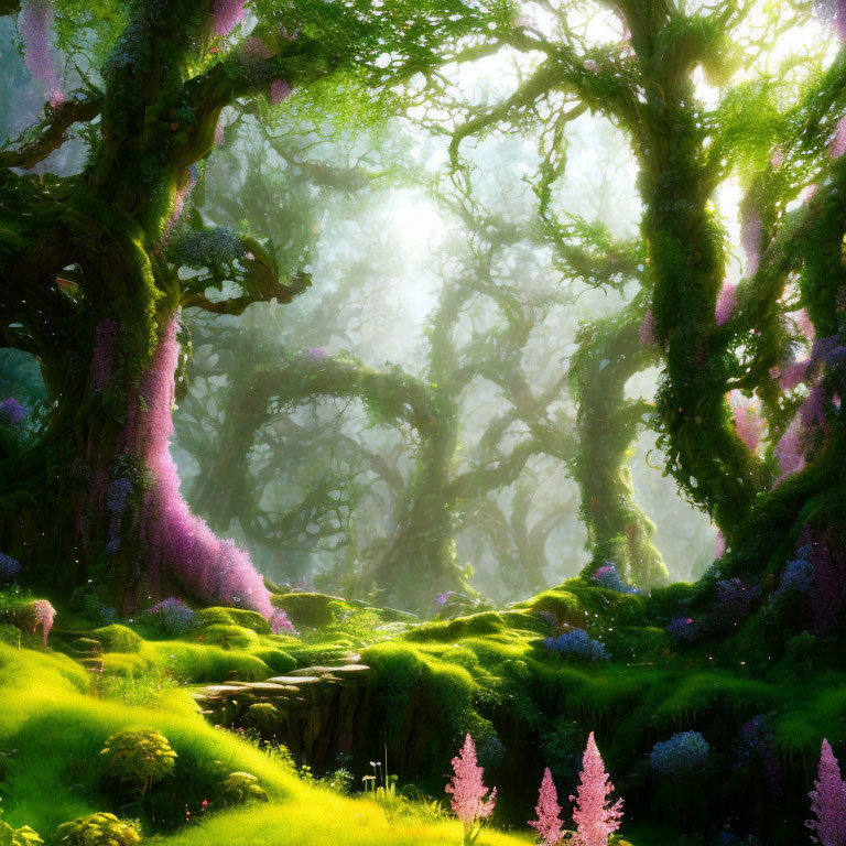 Enchanted forest with twisted trees, green moss, and purple flowers