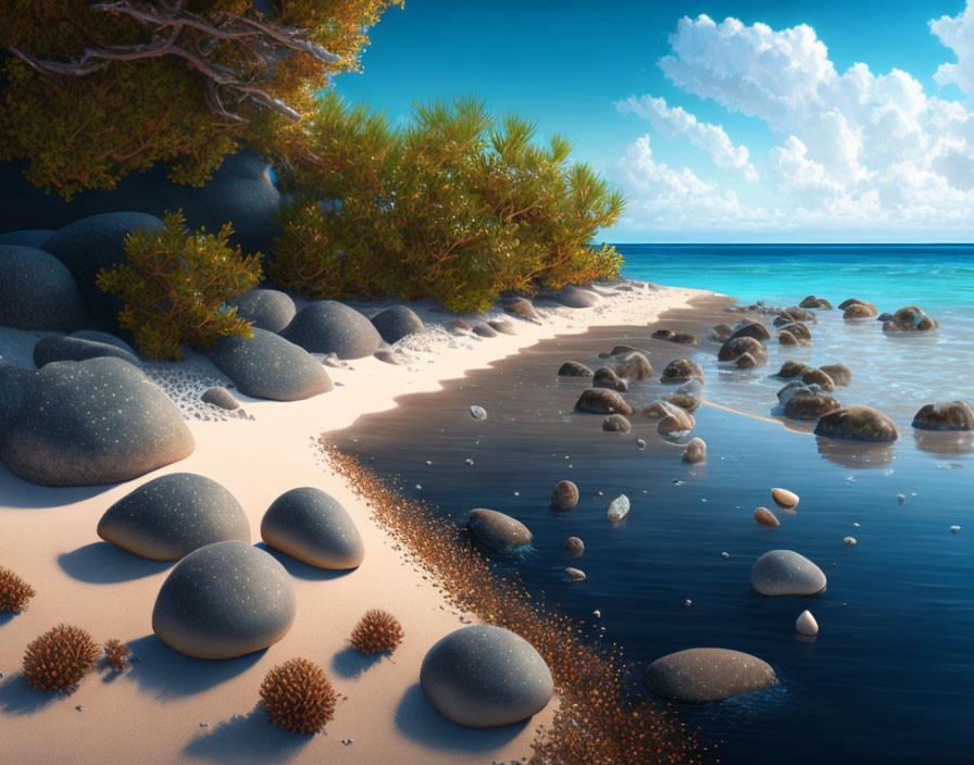 Tranquil Beachscape with Smooth Stones and Turquoise Sea