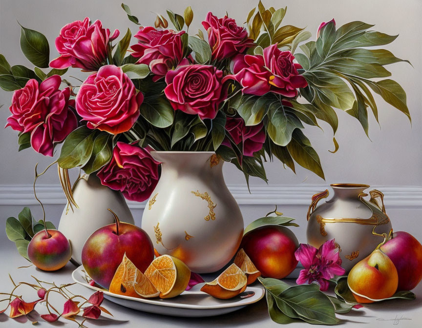 Traditional still life painting with red roses, fruits, and golden pitchers