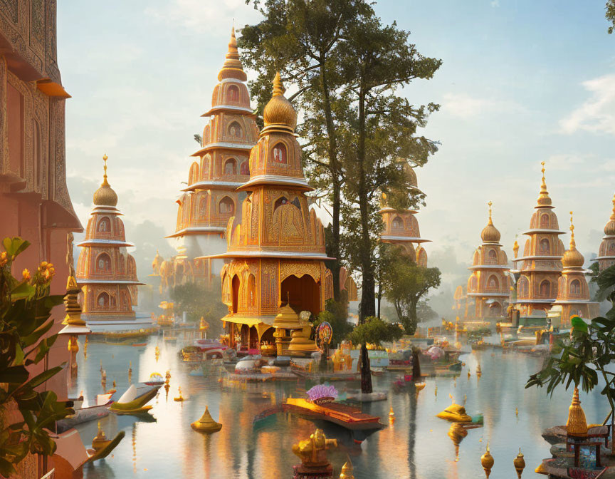 Golden-domed buildings and colorful boats on tranquil waters under a warm sky