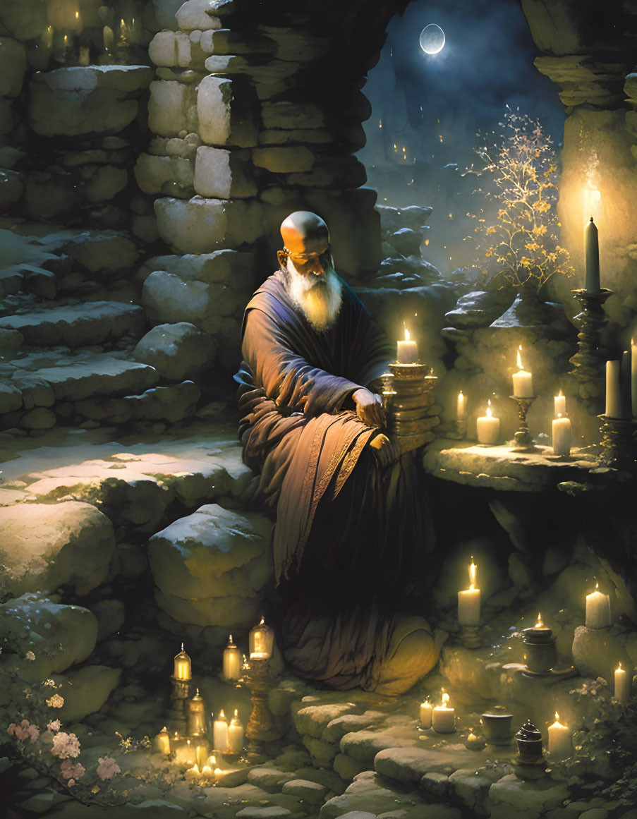 Illustration of bearded old man meditating on stone steps under moonlit night