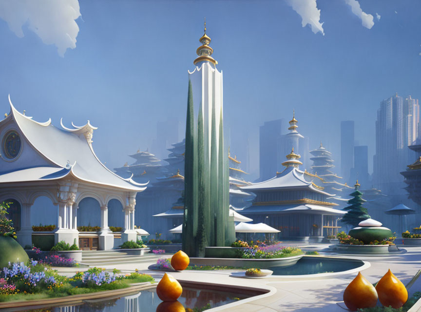 Futuristic and traditional architecture blend in a cityscape with golden pears and lush gardens under a