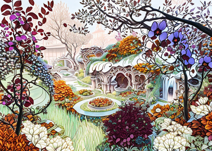 Colorful Whimsical Garden with Ornate Fountain and Bridges