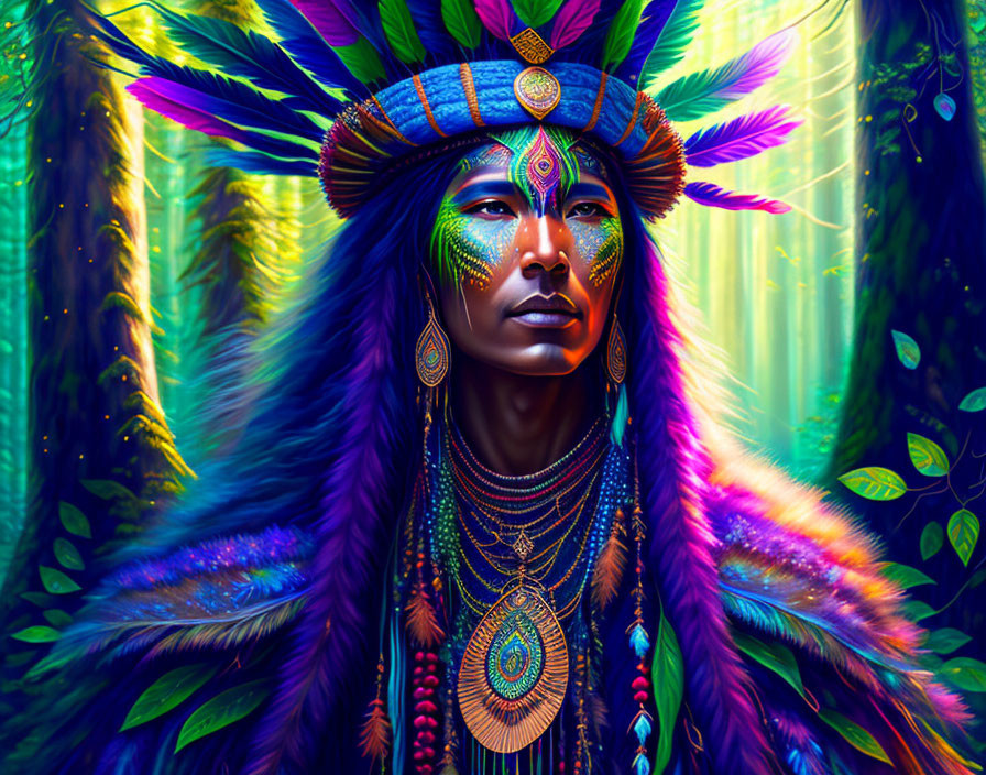 Digital Artwork: Indigenous-Inspired Headdress in Mystical Forest