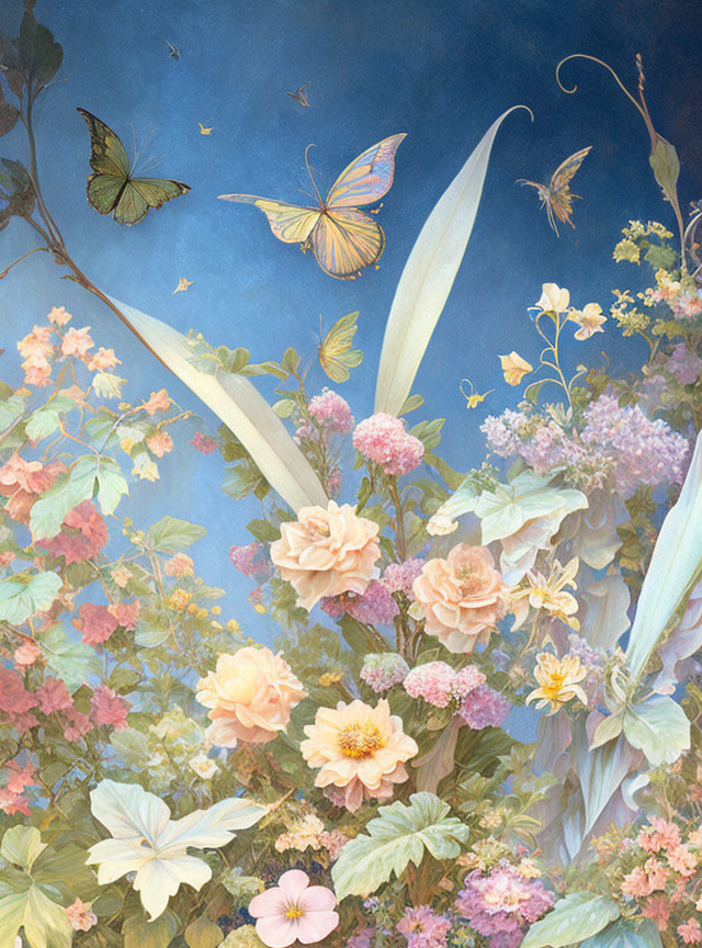 Pastel flowers, green foliage, and butterflies on blue background