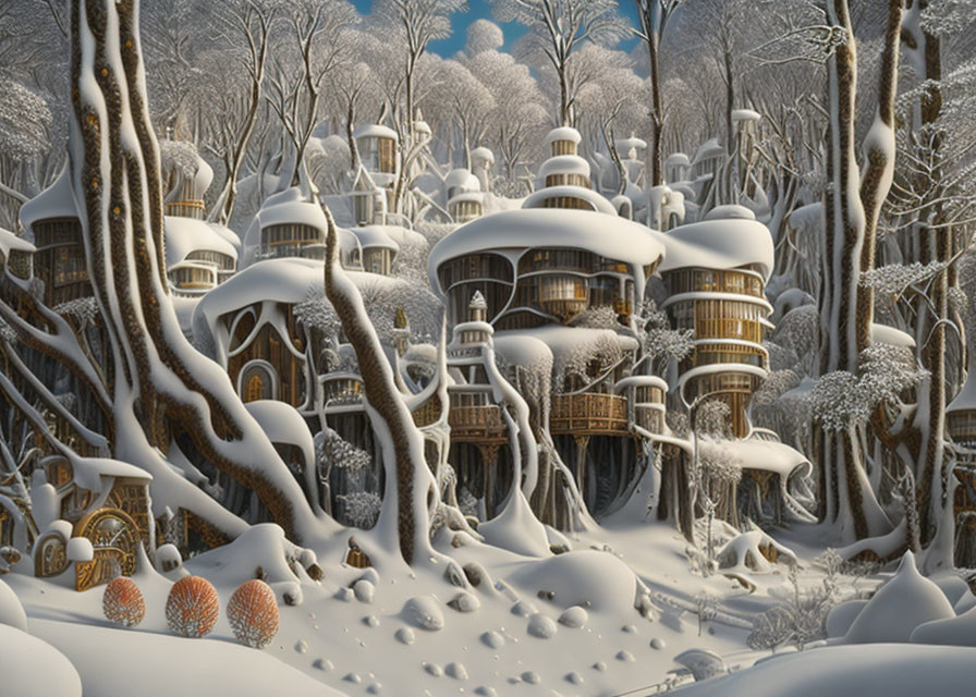 Whimsical snowy landscape with treehouse structures and footprints