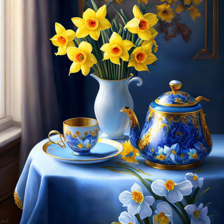 Colorful Still Life with Porcelain Teapot, Cup, Saucer, Daffodils,