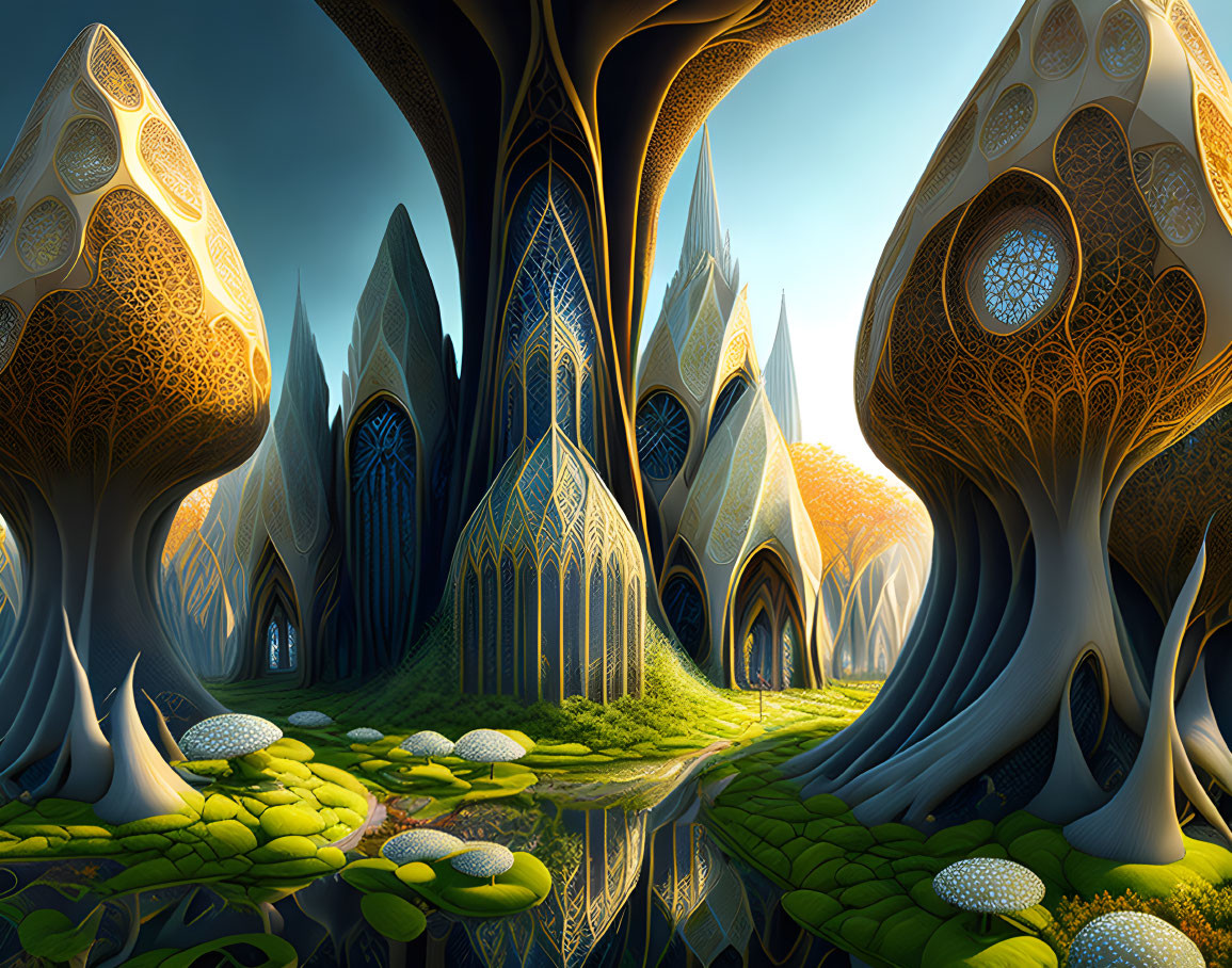 Vibrant fantasy landscape with tree-like structures and reflective water body