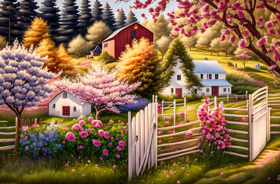 Scenic rural landscape with blooming trees and farm buildings