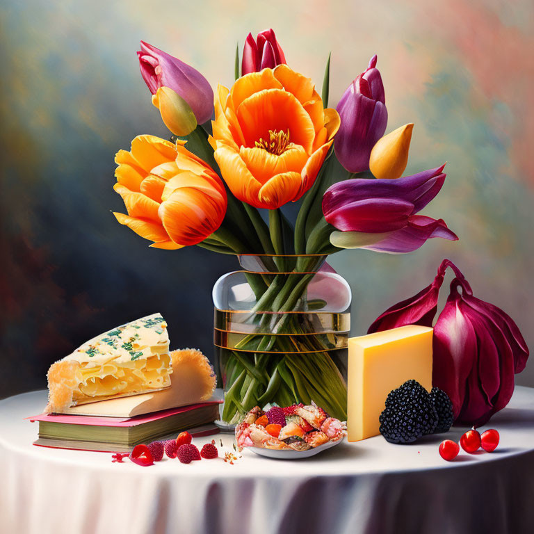 Tulips, Cheese, Fruits, and Red Onion Still Life Composition