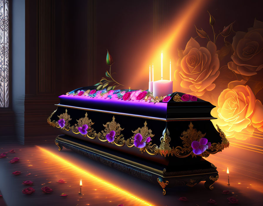 Black ornate coffin with purple fabric, gold detailing, candles, petals, and illuminated roses in dim