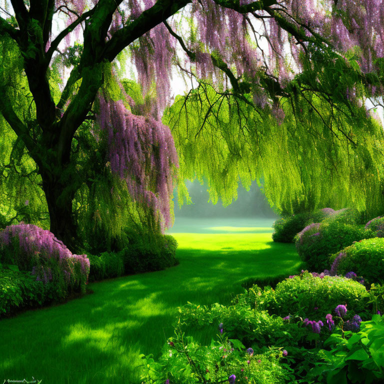 Vibrant green grass, purple flowers, weeping willow trees in soft sunlight