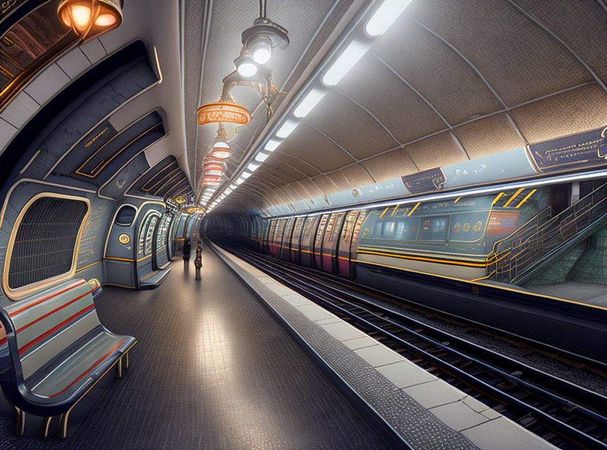 Futuristic Metro Station with Blue Trains & Lone Figure