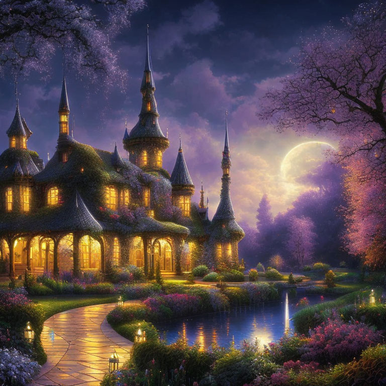 Enchanting fairytale castle at twilight with glowing windows, lush gardens, tranquil pond, moon