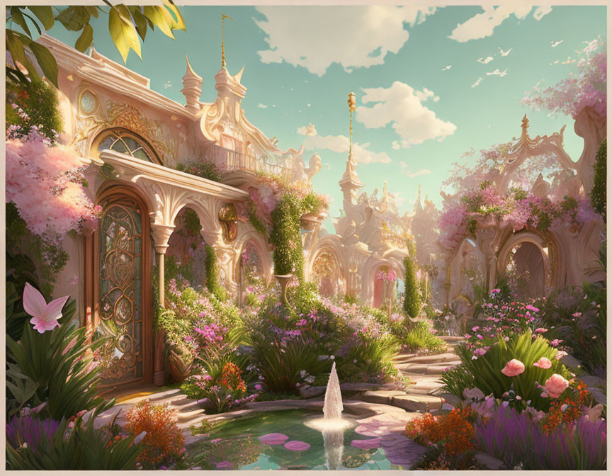 Lush Fantasy Garden with Blooming Trees and Central Fountain