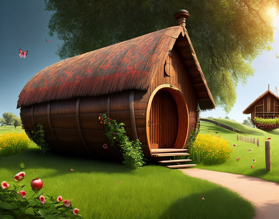 Barrel-shaped wooden house in lush green meadow with round door