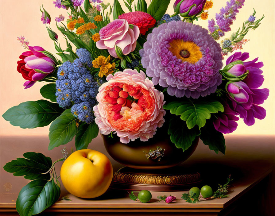 Colorful Still Life Painting with Flowers, Apple, and Berries