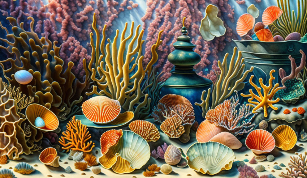 Colorful coral reef with diverse shells and green urn underwater