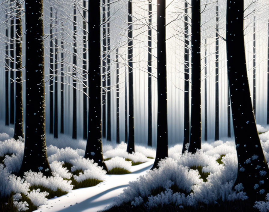 Winter forest scene with snow-covered ground, winding path, black tree trunks, and dense mist.