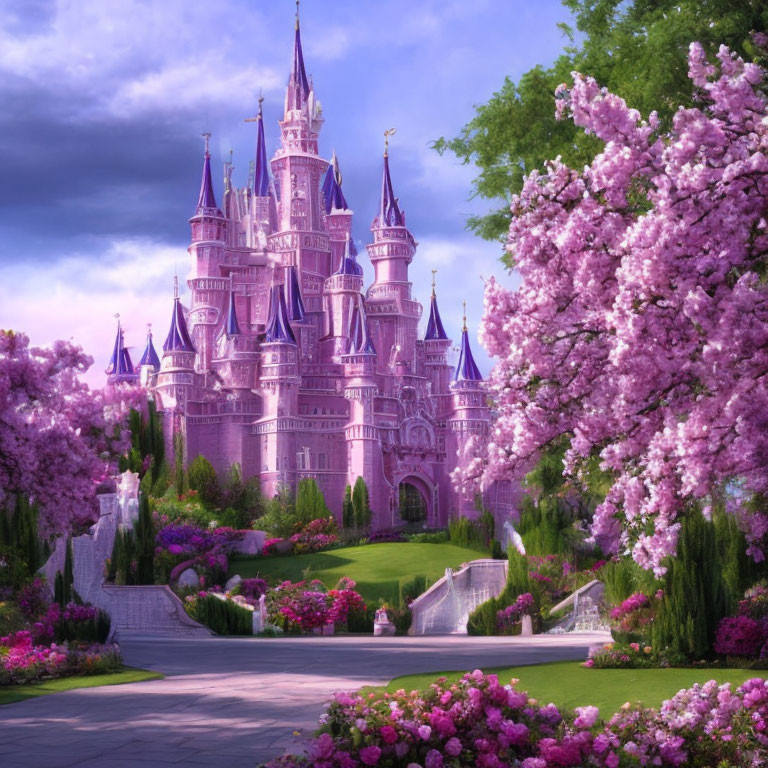 Majestic fairytale castle with spires in lush garden under purple sky