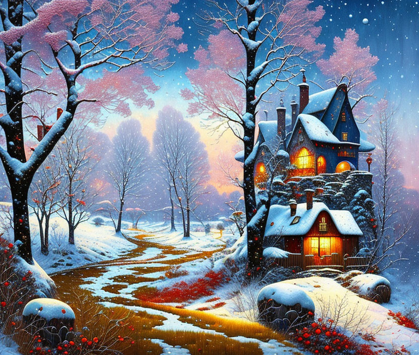 Snowy Cottage Sunset Scene with Path Through Winter Landscape