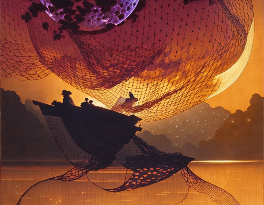 Silhouetted figures on boat under star-filled net in orange sky with purple planet