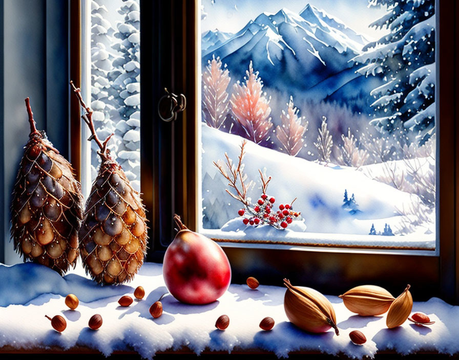 Winter window view with pinecones, nuts, and fruit, overlooking snowy landscape