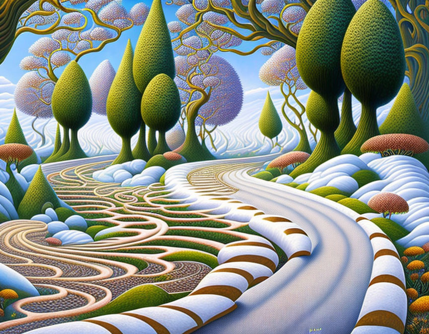 Colorful surreal landscape with whimsical trees and winding road