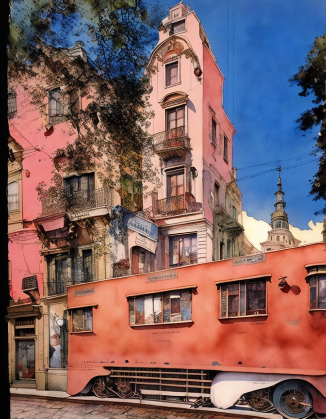 Colorful street scene with vintage pink bus and ornate European-style buildings