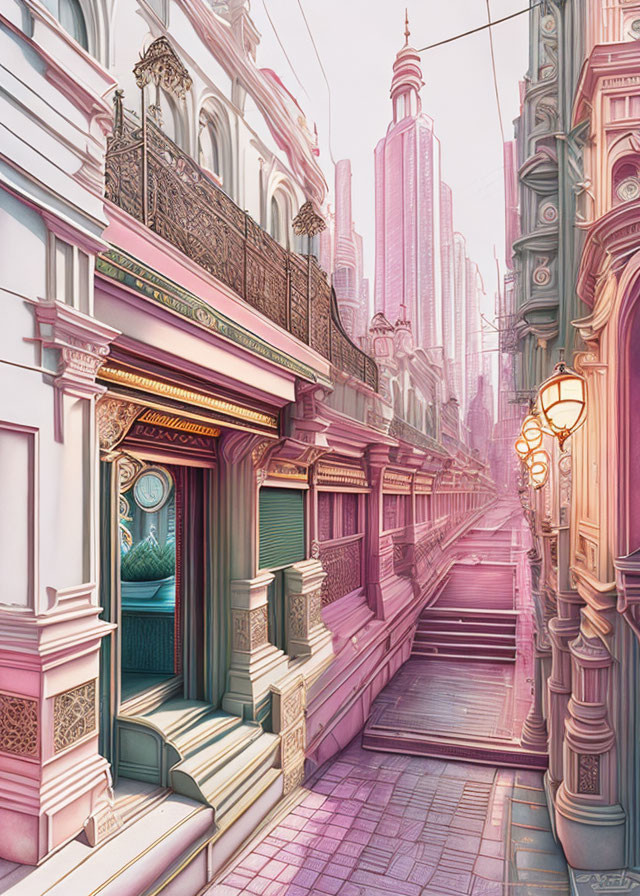 Pastel-colored cityscape with intricate balconies and towering spire.