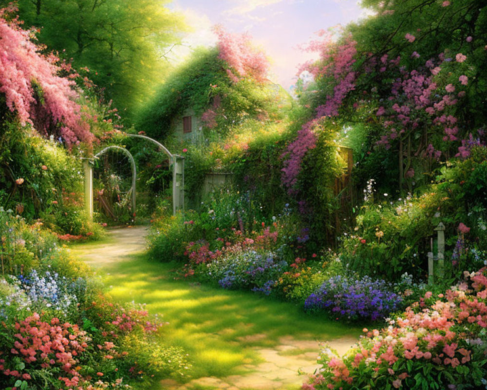 Vibrant Flower Garden with Cottage and Sunlit Pathway